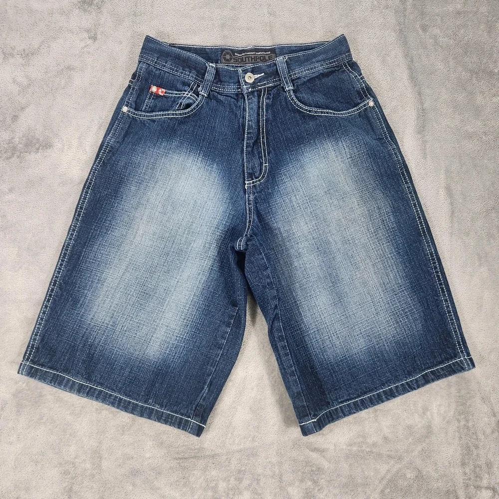 Southpole Shorts Mens 28 Red Tab Y2K Blue Denim Faded Bermuda Baggy